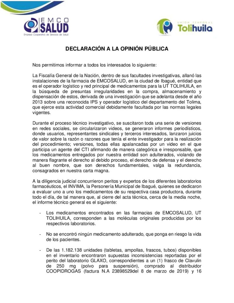 Las inconsistencias halladas en medicamentos suministrados por la operadora de salud de los maestros en el Tolima Las inconsistencias halladas en medicamentos suministrados por la operadora de salud de los maestros en el Tolima