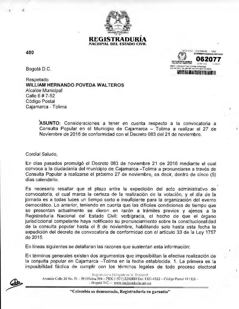 Registraduría pide aplazar consulta minera de Cajamarca para enero del 2017 Registraduría pide aplazar consulta minera de Cajamarca para enero del 2017