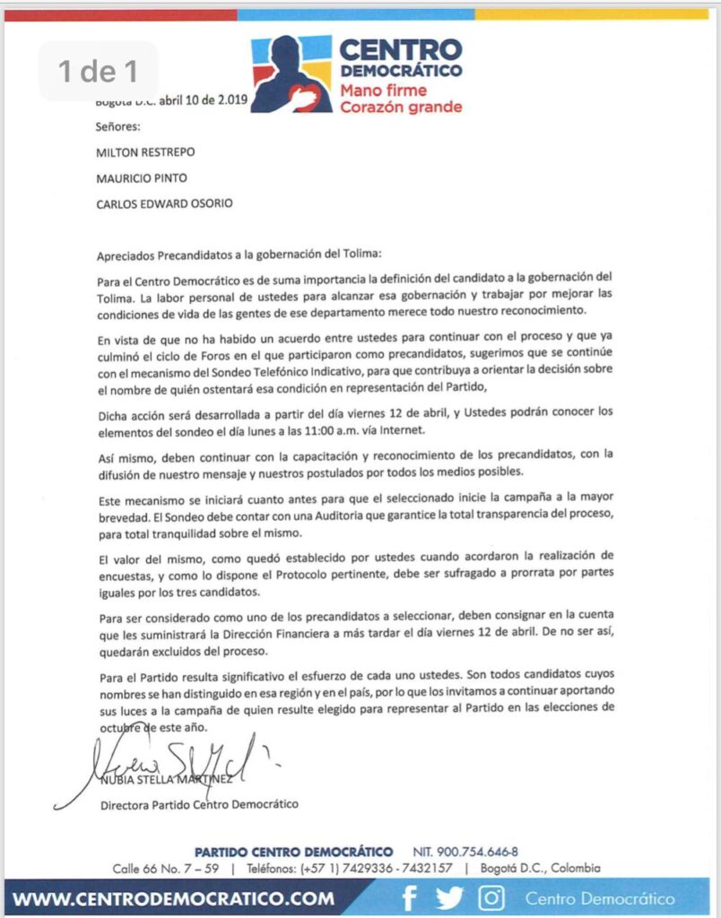 Inicia encuesta para escoger el candidato del Centro Democrático a la Gobernación del Tolima