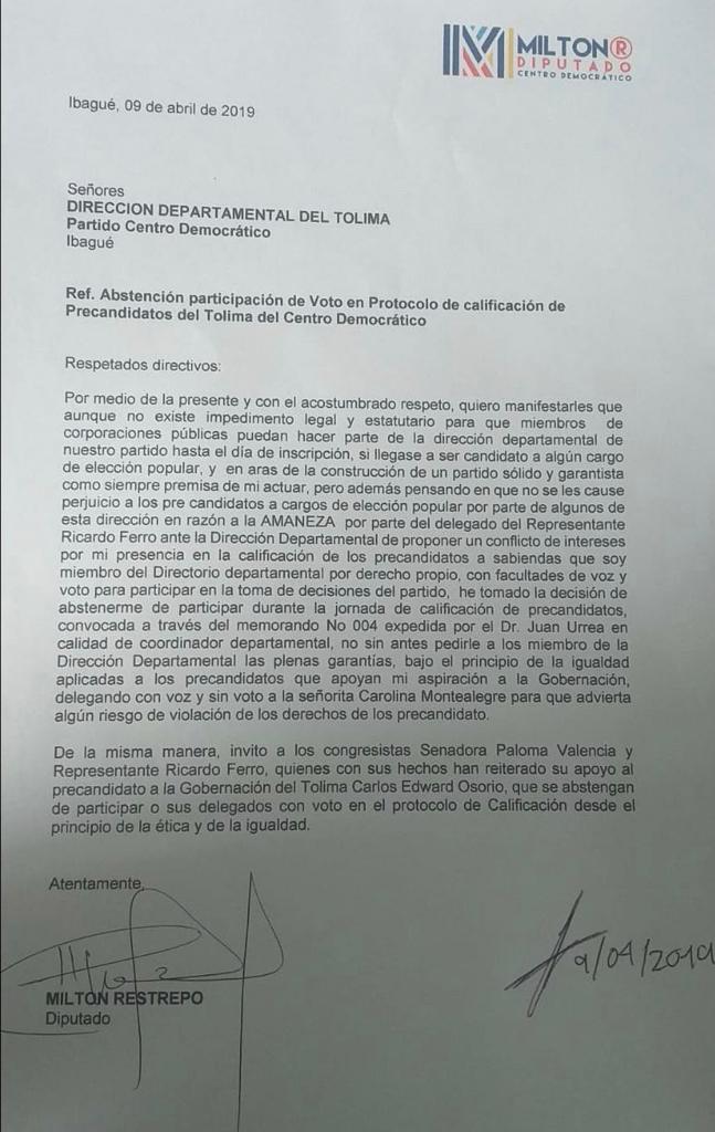 La dura carta de Milton Restrepo que calienta el panorama político del Centro Democrático en el Tolima La dura carta de Milton Restrepo que calienta el panorama político del Centro Democrático en el Tolima