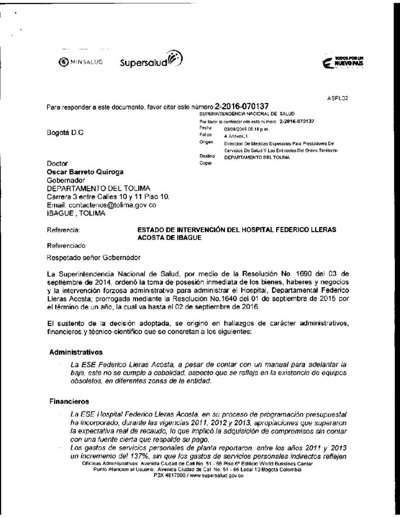 Supersalud le devolverá el Hospital Federico Lleras a Óscar Barreto en septiembre Supersalud le devolverá el Hospital Federico Lleras a Óscar Barreto en septiembre