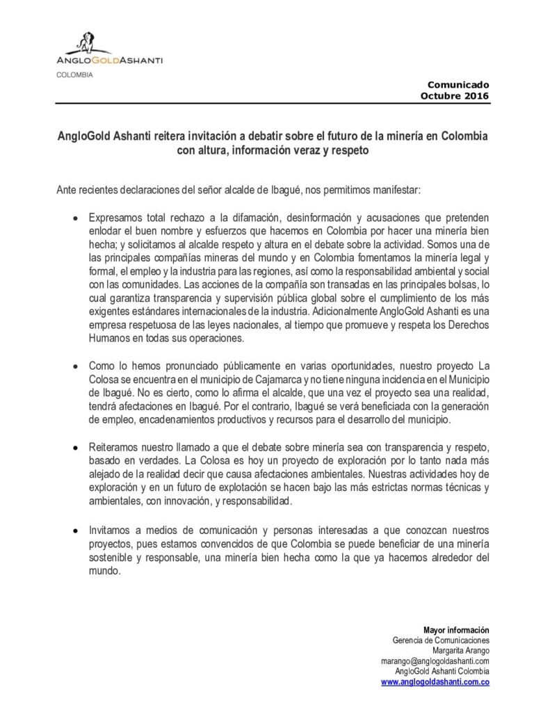AngloGold Ashanti le exige respeto al alcalde Guillermo Alfonso Jaramillo AngloGold Ashanti le exige respeto al alcalde Guillermo Alfonso Jaramillo