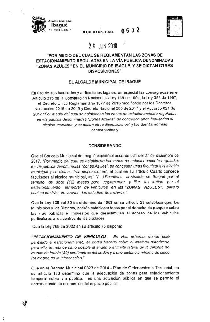 Expiden decreto que reglamenta zonas azules en Ibagué