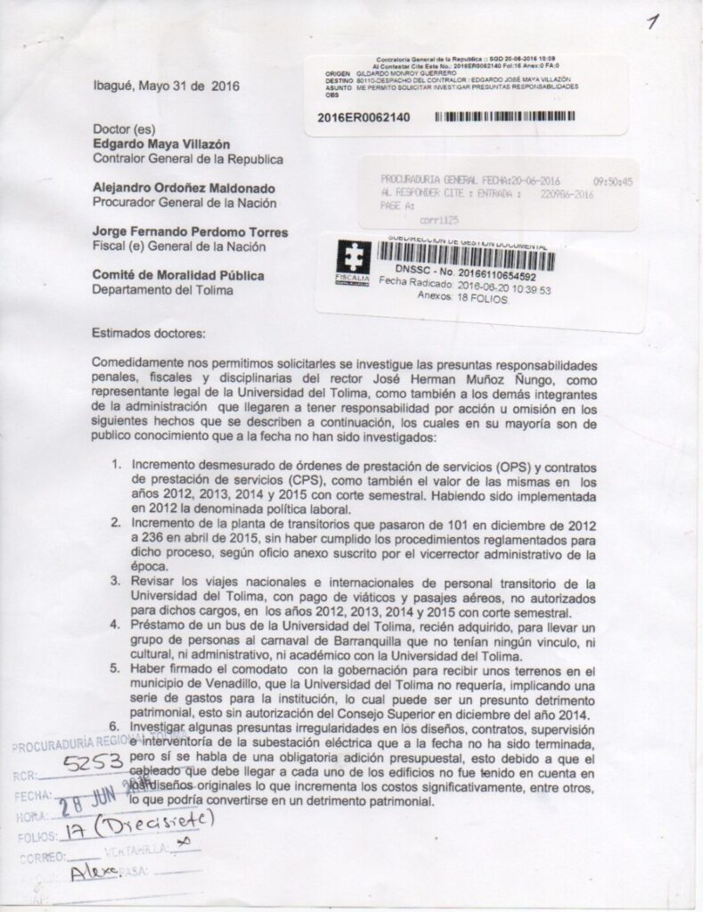 La denuncia en contra del rector de la UT que interpusieron cuatro integrantes del Consejo Superior La denuncia en contra del rector de la UT que interpusieron cuatro integrantes del Consejo Superior