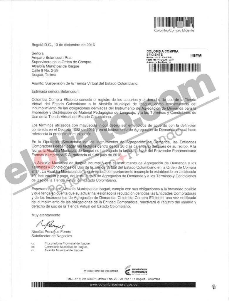 Portal de contratación del Estado sanciona a la Alcaldía de Ibagué por mala paga