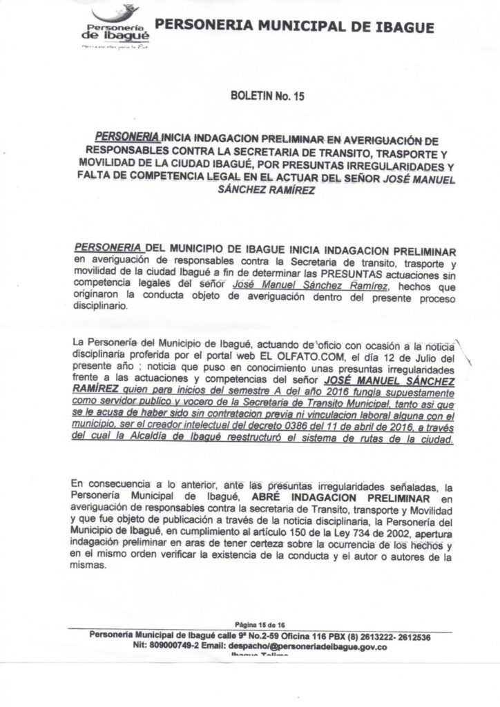 Personería de Ibagué abre proceso por el Secretario de Tránsito en ‘la sombra’ Personería de Ibagué abre proceso por el Secretario de Tránsito en ‘la sombra’