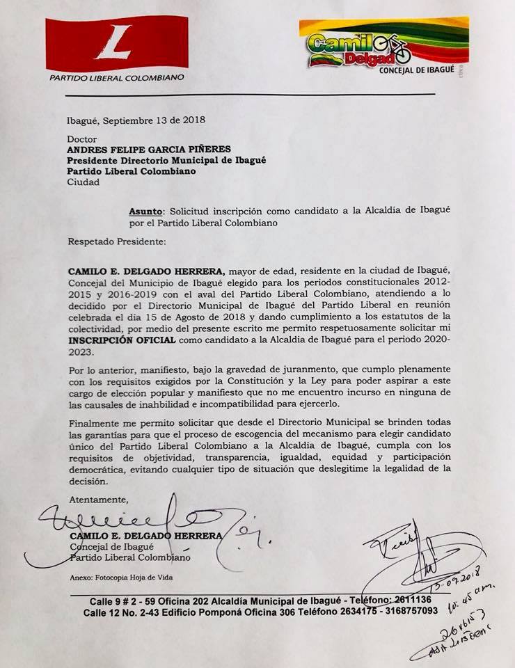 Camilo Delgado solicitó su inscripción oficial como candidato a la Alcaldía por el partido Liberal Camilo Delgado solicitó su inscripción oficial como candidato a la Alcaldía por el partido Liberal