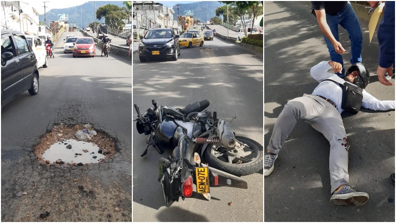 Vuelve y juega: hueco provocó accidente a motociclista en Ibagué Vuelve y juega: hueco provocó accidente a motociclista en Ibagué