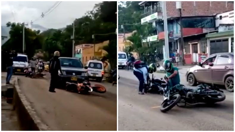 En video quedó registrada caída simultánea de cuatro motociclistas en una vía del sur Ibagué En video quedó registrada caída simultánea de cuatro motociclistas en una vía del sur Ibagué