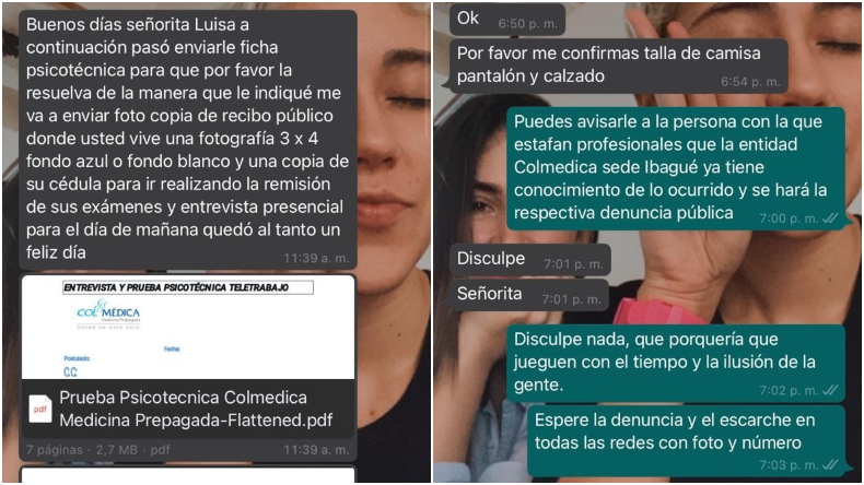 Psicóloga ibaguereña denuncia que iban a estafarla con falsa oferta laboral en un centro médico Psicóloga ibaguereña denuncia que iban a estafarla con falsa oferta laboral en un centro médico