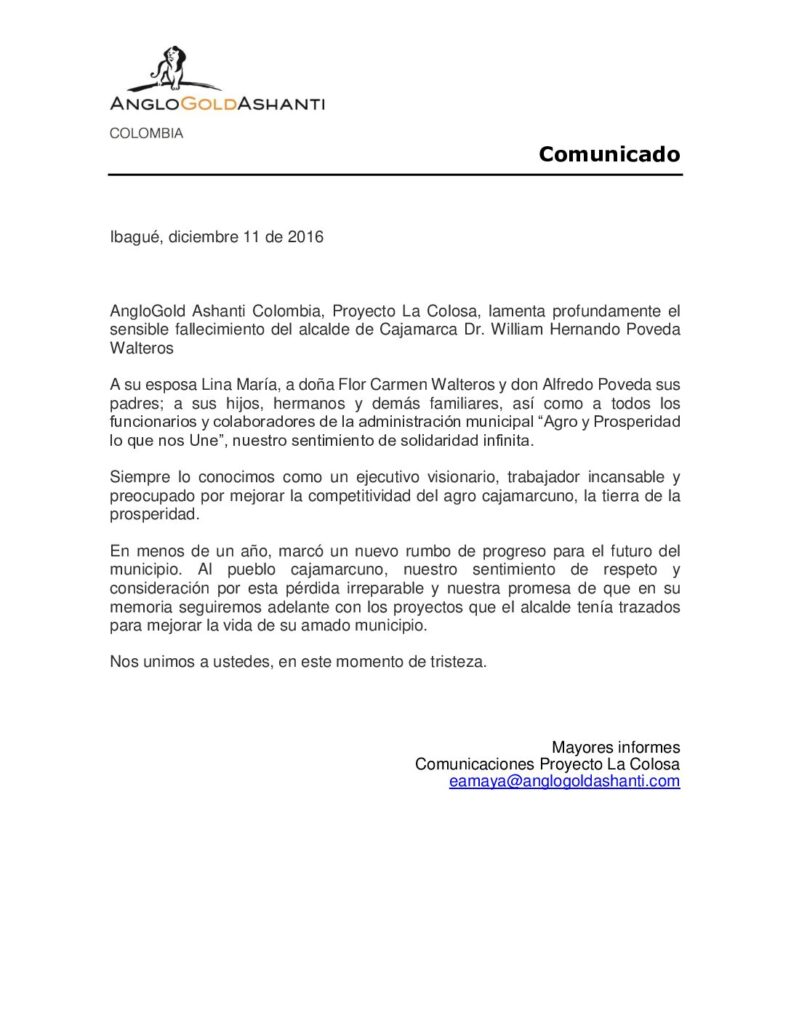 En memoria del Alcalde, seguiremos con los proyectos que teníamos en Cajamarca: AngloGold En memoria del Alcalde, seguiremos con los proyectos que teníamos en Cajamarca: AngloGold
