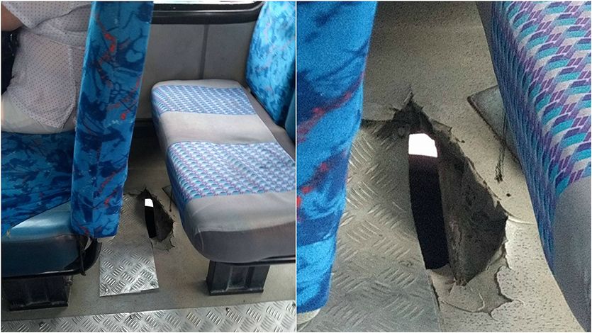 ¡Qué peligro! buseta de la ruta 33 de Ibagué está transitando con un hueco en su interior