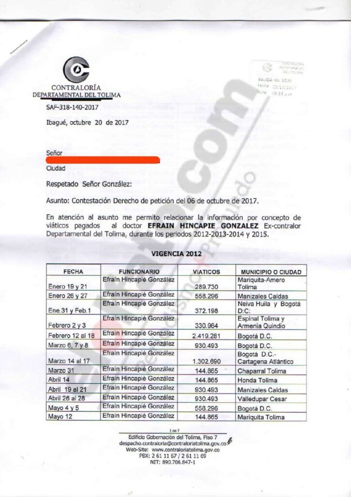 El ‘botín’ que logró en viáticos el virtual Personero de Ibagué cuando fue Contralor Departamental El ‘botín’ que logró en viáticos el virtual Personero de Ibagué cuando fue Contralor Departamental