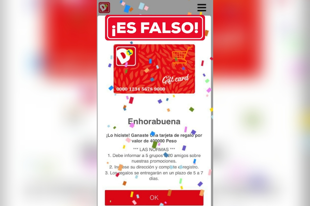 ¡Ojo! No se deje engañar con supuestas tarjetas de regalo de Tiendas D1